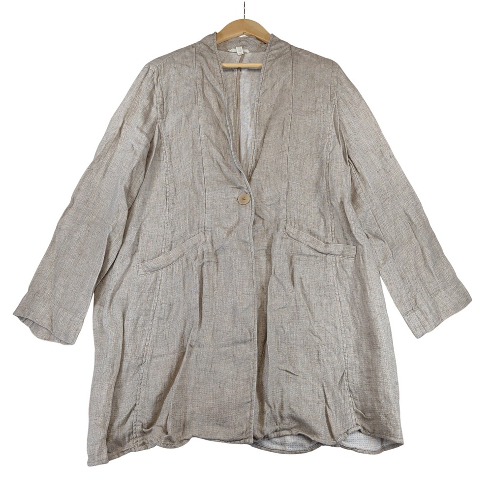 Eileen Fisher Organic Linen Longline Single Button Blazer Cardigan Beige M/M